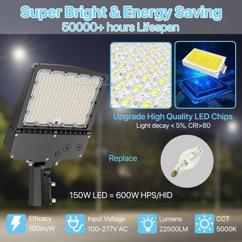Hyperlite LED Parking Lot Light - 150W 22500lm with Adjustable Slip Fitter Mount - 2025 New UL Listed Led Parking Lot Lights Outdoor - LED Shoebox Light for Yard Barn Street Roadways Stadium, 100-277V - Image 2